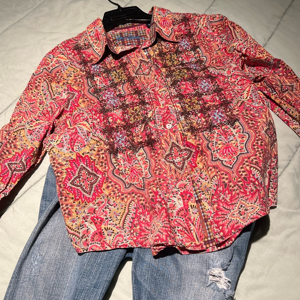 Robert Graham Paisley Embroidered Flip Cuff Button Down Shirt Mens L Multi Color